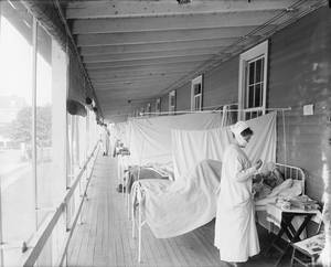 Foto del Walter Reed Hospital, Washington, D.C., durante 'Great Influenza' del 1918 - 1919, anche detta "la spagnola". I pazienti sono sistemati all'aperto e separati da tende. Fonte: Wikimedia Commons Foto del Walter Reed Hospital, Washington, D.C., durante 'Great Influenza' del 1918 - 1919, anche detta "la spagnola". I pazienti sono sistemati all'aperto e separati da tende. Fonte: Wikimedia Commons